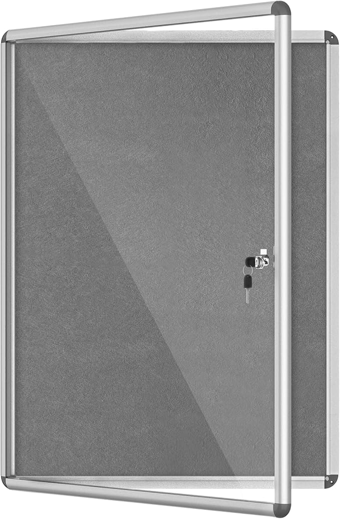 Mifuro 38"x28" Enclosed Bulletin Board, Lockable Weather-Resistant Aluminum Cork Noticeboard for School & Office, Silver Frame w/Grey Flet