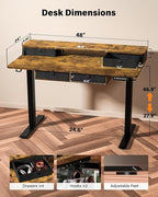 FiCiHi Electric Standing Desk with Four Drawers, Adjustable Height Sit Stand Desk, C-Clamp Compatible Home Office Desk with Storage Shelf & Monitor Stand Riser, 48 x 24 Inch, Rustic Brown