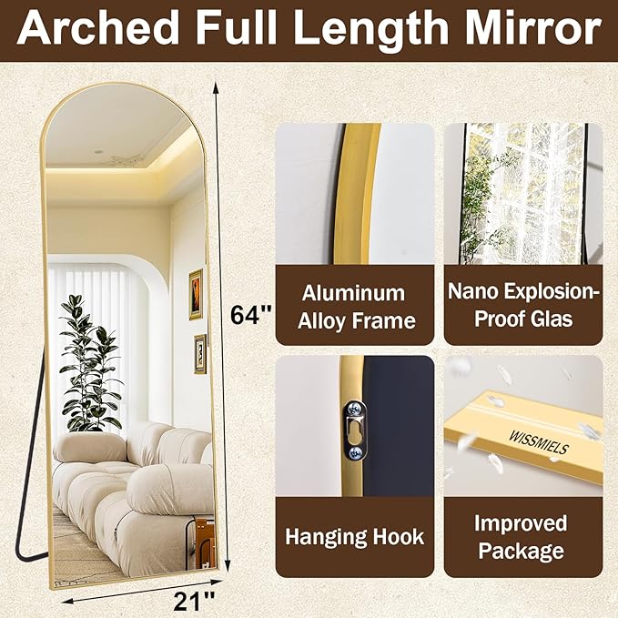 21" x 64"Arched Full Length Mirror - Wall Mounted Floor Mirror- Aluminum Alloy Frame Full Body Mirror for Bathroom Living Room Bedroom and Entryway Gold