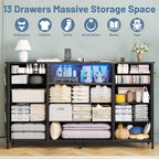HCHQHS 47 Inch Dresser for Bedroom with 13 Drawers,Side Pockets Hooks and Lights with Remote Control,Hallway,Closet,Kitchen,Large TV Stand (Black)