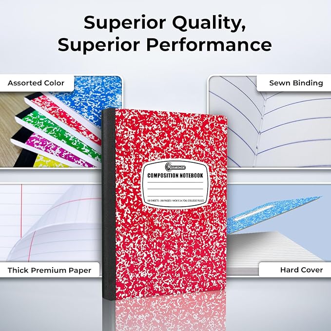 Rosmonde 5 Pack Composition Notebooks College Ruled, 200 No Bleed Pages (100 Sheets) 9-3/4x7-1/2 Notebooks for Work, Back to School Supplies for College Students, Notebooks for Women, Colors May Repeat