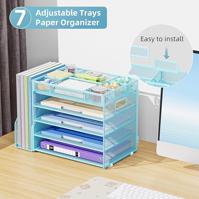 Marbrasse 5-Tier Desk Organizer with File Holder,Paper Letter Tray Organizer,Desktop File Organizer with Adjustable Compartments,Mesh Desk Organizers and Accessories for Office Supplies,Blue