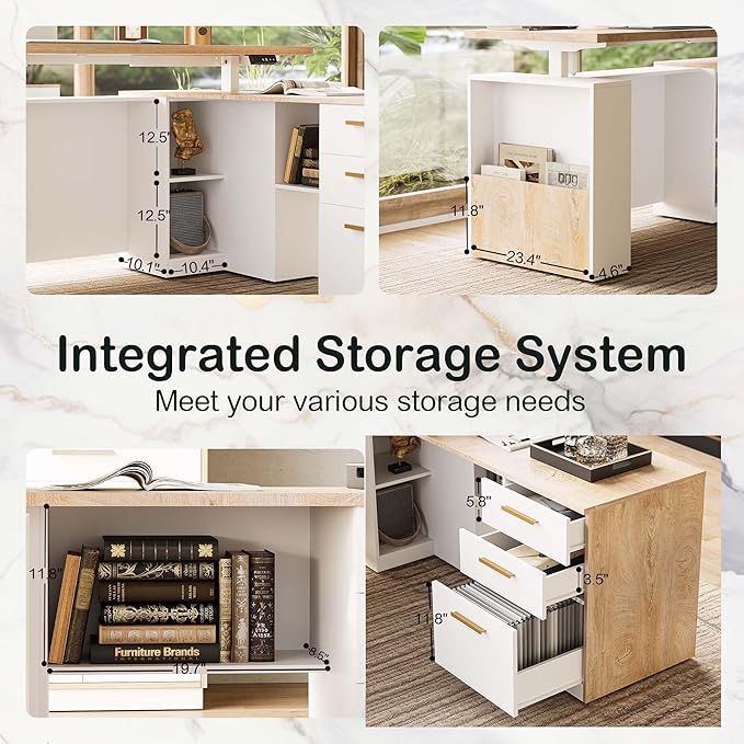 63" Standing Desk with File Cabinet, Privacy Panel, AC/USB, 1.18" Desktop, Executive L Shaped Height Adjustable Electric Stand Up Desk, Home Office Table with 3 Drawers, Light Walnut