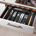 oridom Large Premium Bamboo Silverware Organizer - Expandable Drawer Organizer & Utensil Organizer - 17"x19.7" Cutlery Tray with Dividers for Kitchen Utensils and Flatware (7-9 Slots) (Black)