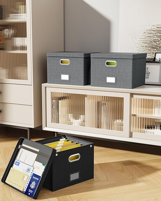 2 Pack File Organizer Box with Lid, Large Hanging Filing Box with Mesh Pocket, Document Organizer for Letter Files, Portable Storage Case for Office&Home (Dark grey)