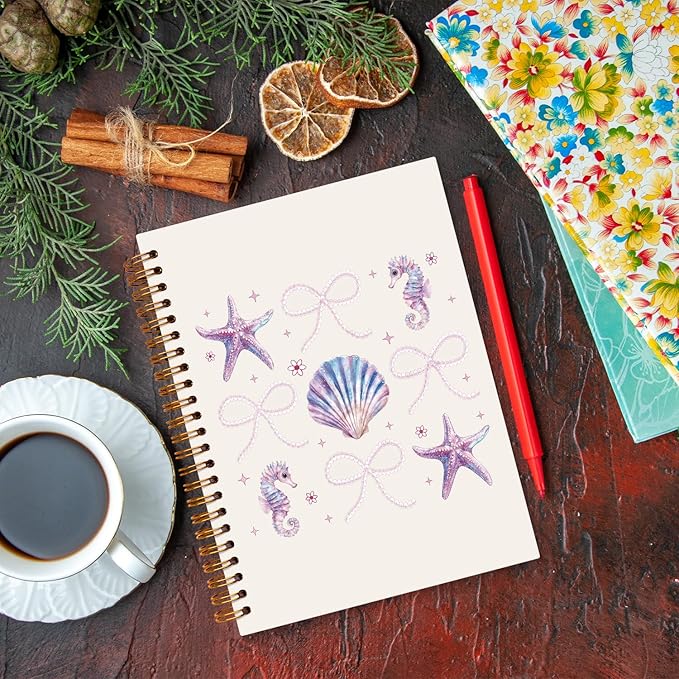 JXREQ Cute Purple Coquette Bow Seashell Notebook Coastal Journaling Notebooks for Women Note Taking, Trendy Preppy Journal for Women Teen Girls, Office School Supplies Spiral Notebooks 5.5x8.3