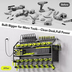 YFFSRJDJ Power Tool Organizer Wall Mount with Charging Station, 8 Drill Holder with 8-Outlet Power Strip, Garage Cordless Drill Storage and Organization, Battery Utility Rack
