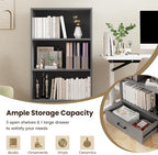 LOKO 4-Tier Bookcase with Storage Drawer, Modern Organizer Display Storage Shelves with Anti-toppling Device, Freestanding Bookshelf with 3 Open Shelves & 1 Drawer, Living Room, Study, Office (Grey)