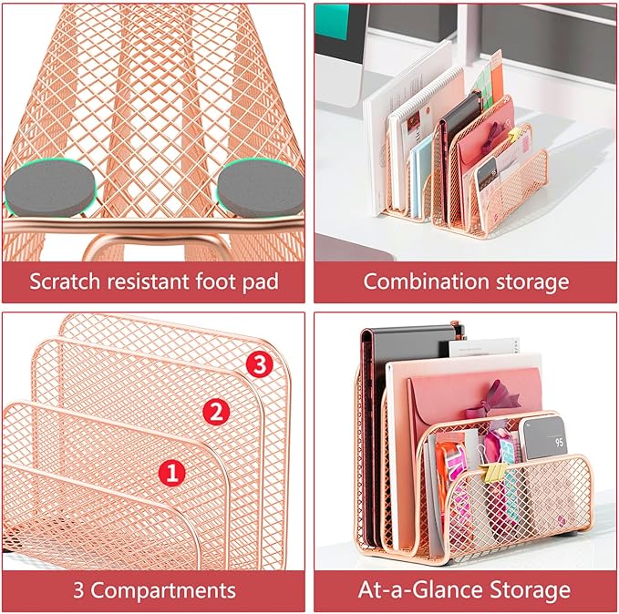 gianotter Mail Organizer Countertop, Metal File Holder with 3-Slot, Rose Gold Desk Accessories & Workspace Organizers (Rose Gold)