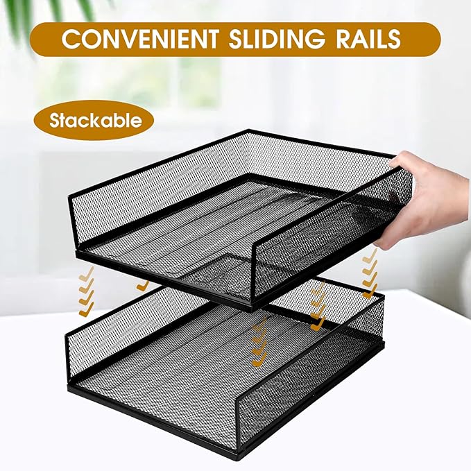 Magazine File Holder, 2 Pack Desk Organizer and Accessories, Metal Paper Tray Office Document Organizer Wire Mesh Letter Trays Stackable Desk File Storage Basket, Black
