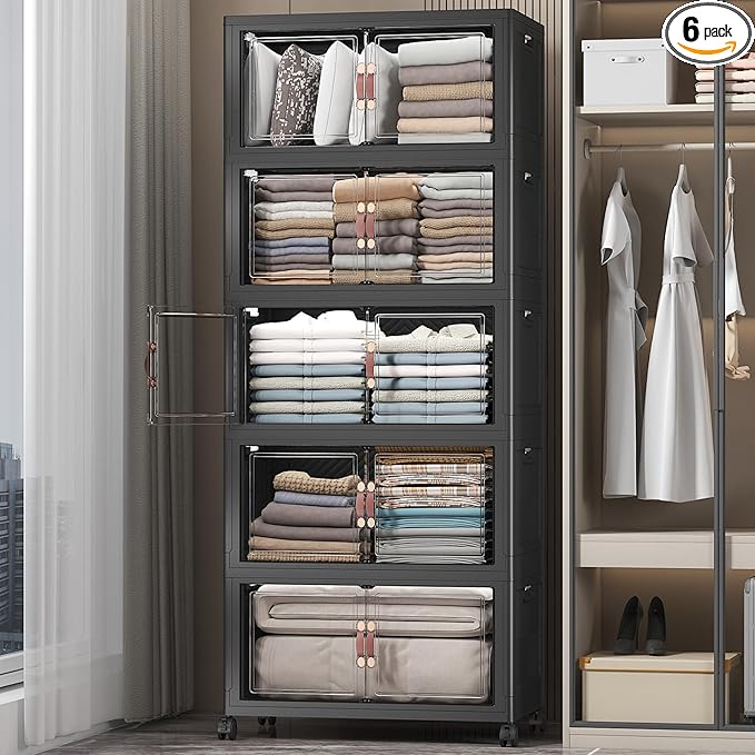 UAMFURI Extra Large Stackable Storage Bins with Lids & Wheels & Door, 560QT-112QT/28GAL*5Pack Foldable Collapsible Closet Organizers, Plastic containers drawers for bedroom Dorm