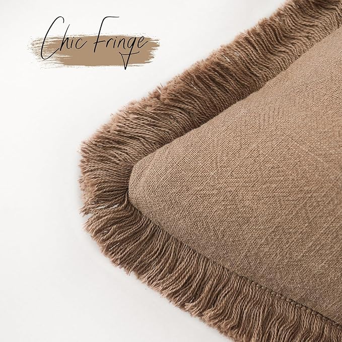 Foindtower Set of 2 Decorative Linen Fringe Lumbar Throw Pillow Covers Boho Farmhouse Cushion Cover with Tassels Soft Accent Pillowcase for Couch Sofa Bed Living Room Home Decor,12×20Inch,Khaki Brown