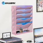 Gawerk 6 Tier Hanging File Organizer, Mesh Wall File Holder Paper Folder Rack with Bottom Flat Tray for Office Home, Pink