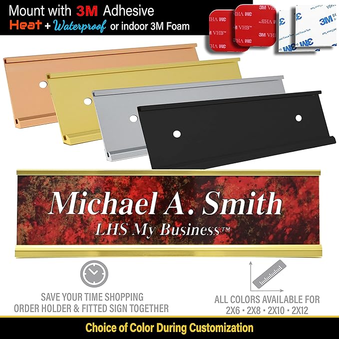 Custom Name Plate with Choice of Mounting for Walls, Doors, Cubicles, Hanging and More - Personalized Celestial Blue Plastic Gold Letters - USA Made 2x12 - S1