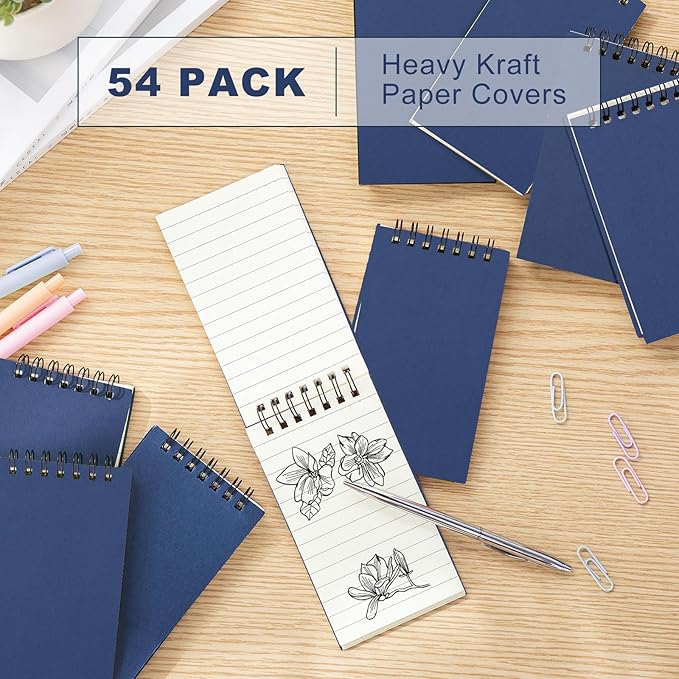 Tenceur 54 Pcs Pocket Notebook Bulk Small 3x5 Inch Spiral Notepads Mini Top Bound Notebook with Lined 120 Pages Ruled Memo Pads for Office College Nurse Essentials Back to School Gift (Blue)