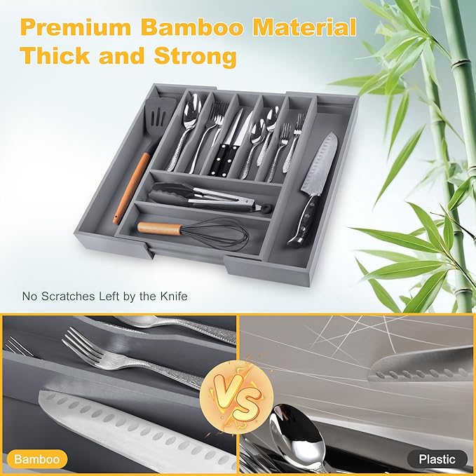 oridom Large Premium Bamboo Silverware Organizer - Expandable Drawer Organizer & Utensil Organizer - 17"x19.7" Cutlery Tray with Dividers for Kitchen Utensils and Flatware (7-9 Slots) (Grey)