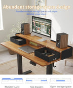 YIHAYO Electric Standing Desk with Drawers, 60 x 24 Inches Adjustable Desk with Storage Shelf, Computer Table with Splice Board for Home Office, Black Frame/Rustic Brown Top