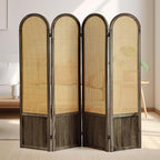 Asnefeli 4 Panel Room Divider Wall, Folding Privacy Screen, Foldable Wood Divider Room Dec, Rattan Room Divider, Portable Partition Screen, Wall Divider for Room Separation Home Office (Brown)