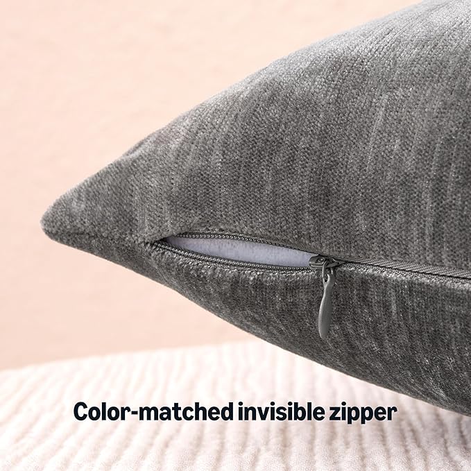 Amazon Basics Chenille Throw Pillow Covers, Home Decor Cushion Cover for Bedroom Living Room Couch Bed, 22" W × 22" L, Dark Gray