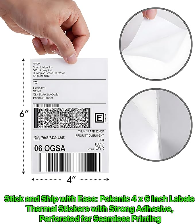 Roll 4 x 6 inch - 1000 Thermal Labels Direct White Strong Adhesive Perforated Postage Shipping Printer Compatible with Zebra SNBC Epson Rollo (1000 Labels, 2 Rolls)