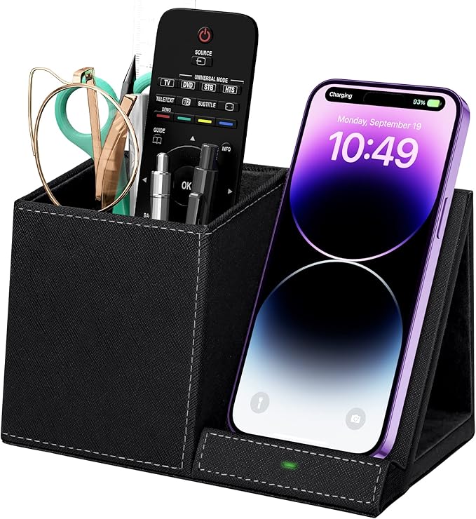 Desk Supplies Organizer, Multi-Functional Pencil Pen Holder with Wireless Charger, Desktop Stationery Organizer, Home Office Supply Storage Box Caddy (Black)
