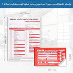15-Pack Annual Vehicle Inspection Report Form, 3-Ply Carbonless Form and Hardboard, Includes 15-Pk Red FMCSA DOT Permanent Aluminum Adhesive Stickers, DOT Compliant