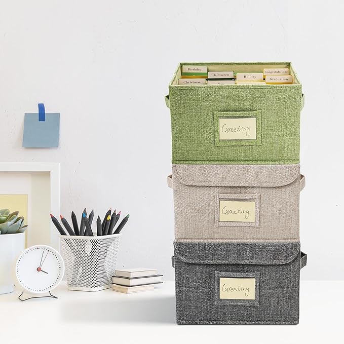 Vienrose Greeting Card Organizer Storage Box with 20 Removable Dividers, 84 Self-stick Labels, Perfect for Photos, Envelopes, Scrapbooking, Paper, Stickers Holder 1 Pack Grass Green