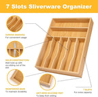 oridom Kitchen Bamboo Silverware Organizer, Kitchen Drawer Organizer - Utensil Holder and Cutlery Tray with Grooved Drawer Dividers for Flatware 7 Slot, Natural