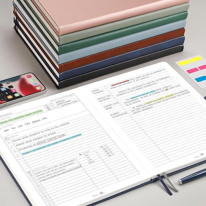 EMSHOI Meeting Notebook for Work with Sticky Tabs - 240 Pages, A4 Size Project Planner, PU Leather Meeting Agenda/Minutes Organizer for Women Men, Note Taking, Office & Business, 8.3"x11.7", Green