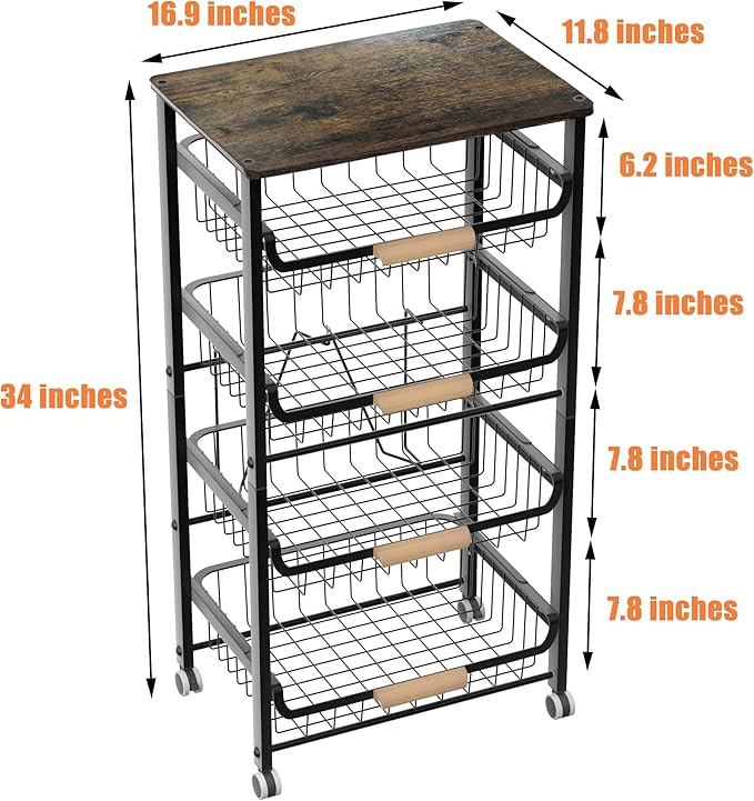 NiuYichee 5-Layer Fruit Basket Kitchen Food Organizer and Rack, Stackable Storage Cart with Desktop, Pull-Out Hollow Metal Basket, Wheeled Sorting Rack Spice Rack, Black