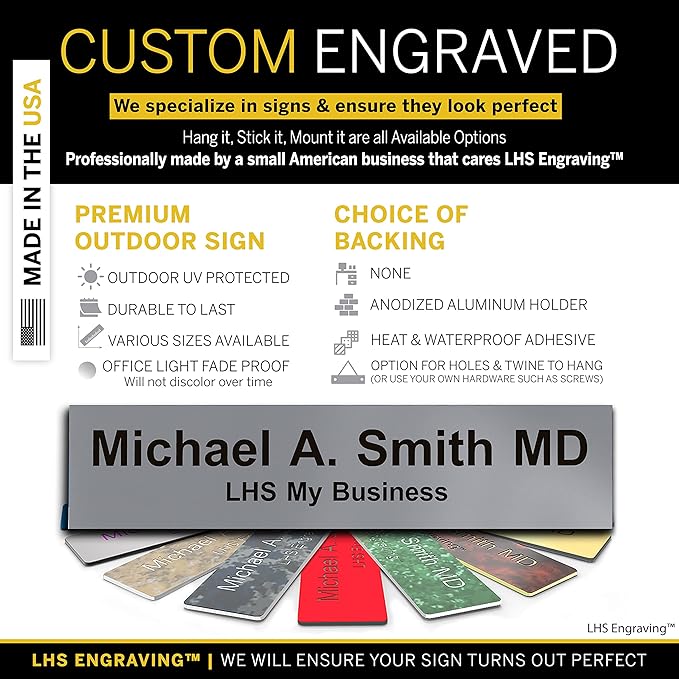 Personalized Name Plate with Choice of Mounting for Walls, Doors, Desk Holders, Cubicles, Hanging and More - Custom Gray Plastic Black Letters - USA Made 2x8 - B8
