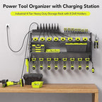 YFFSRJDJ Power Tool Organizer Wall Mount with Charging Station, 8 Drill Holder with 8-Outlet Power Strip, Garage Cordless Drill Storage and Organization, Battery Utility Rack