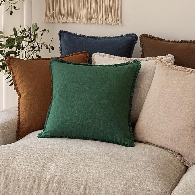 Foindtower Set of 2 Decorative Linen Fringe Throw Pillow Covers Cozy Boho Farmhouse Cushion Cover with Tassels Soft Accent Pillowcase for Couch Sofa Bed Living Room Home Decor, 24×24 Inch, Pine Green