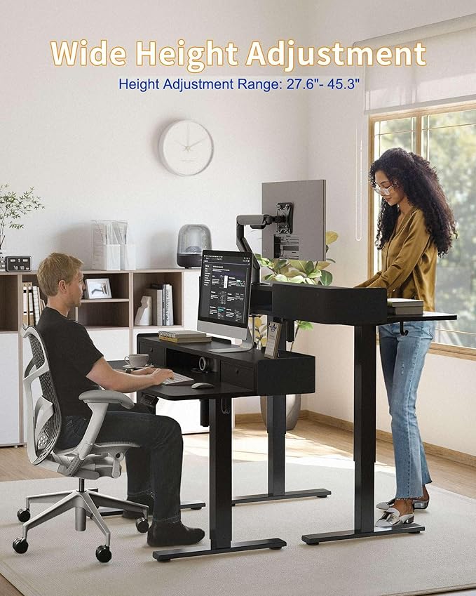 YIHAYO Electric Standing Desk with Drawers, 40 x 24 Inches Adjustable Desk with Storage Shelf, Stand Up Desk with Splice Board, Computer Desk for Home Office, Black Frame/Black Top