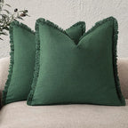 Foindtower Set of 2 Decorative Linen Fringe Throw Pillow Covers Cozy Boho Farmhouse Cushion Cover with Tassels Soft Accent Pillowcase for Couch Sofa Bed Living Room Home Decor, 16×16 Inch, Pine Green