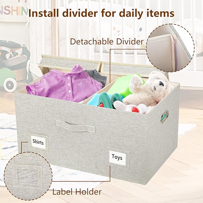 75 Quart Extra Large Decorative Collapsible Storage Bins with Lids, 1 Pack Beige Stackable Boxes