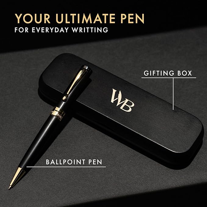 Wordsworth and Black Ballpoint Pen Set - Stunning Luxury Pen Bamboo Blackwood Gold Finish, Refillable, Best Ball Pen for Men & Women, Black Ink Refill, Elegant, Point Pen