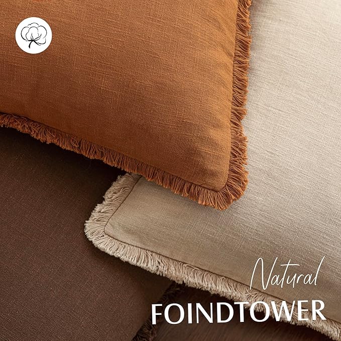 Foindtower Set of 2 Decorative Linen Fringe Throw Pillow Covers Cozy Boho Farmhouse Cushion Cover with Tassels Soft Accent Pillowcase for Couch Sofa Bed Living Room Home Decor, 22×22 Inch, Orange
