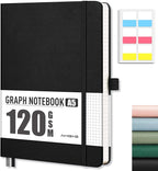 AHGXG Graph Paper Notebook - Grid Notebook Journal A5, 120 GSM Thick Graph Paper, 160 Pages, Leather Hardcover, for Graphing, Writing, Math, Engineering, 5.75'' × 8.38''- Black