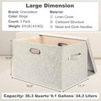 Graciadeco Large Quart Collapsible Stackable Storage Bins with Lids, 3 Packs Beige Linen Fabric Closet Boxes with Lids, Storage Cube Baskets Container Organizers for Bedroom Office(16.6 x 11.7 x 10.8)