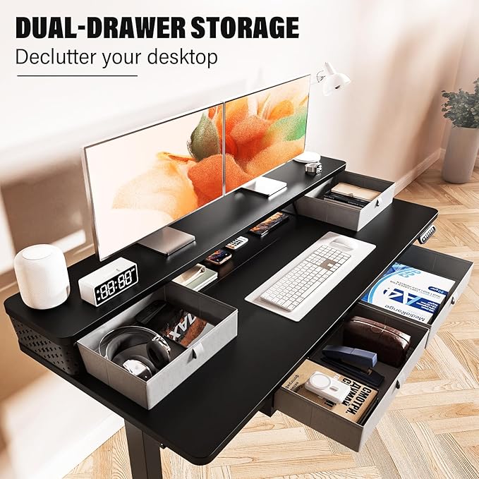 Kingant 48 x 24 Inch Electric Standing Desk with 4 Drawers, Height Adjustable Sit to Stand Computer Desk with Storage Shelf and C-Clamp Mount Compatibility for Home Office, Black