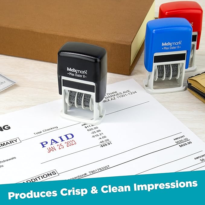 MaxMark Self-Inking Rubber Date Office Stamp with Posted Phrase & Date - Black Ink (Max Dater II), 12-Year Band