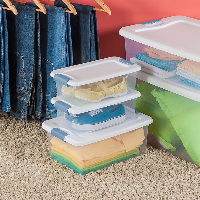 Sterilite 12-Pack Latching Box, Under Bed Storage Bins with Lids, Clear Plastic, 6 Quart - Heavy-Duty Organizing Containers for Closet, Bathroom, and Office