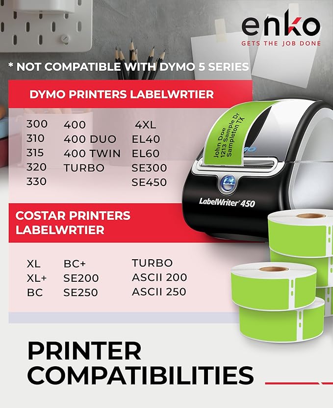 enKo [6 Rolls, 2100 Labels] Address, Shipping & Barcode Labels 30252 - Green (1-1/8" x 3-1/2") Compatible for Dymo LabelWriter & Rollo Printer