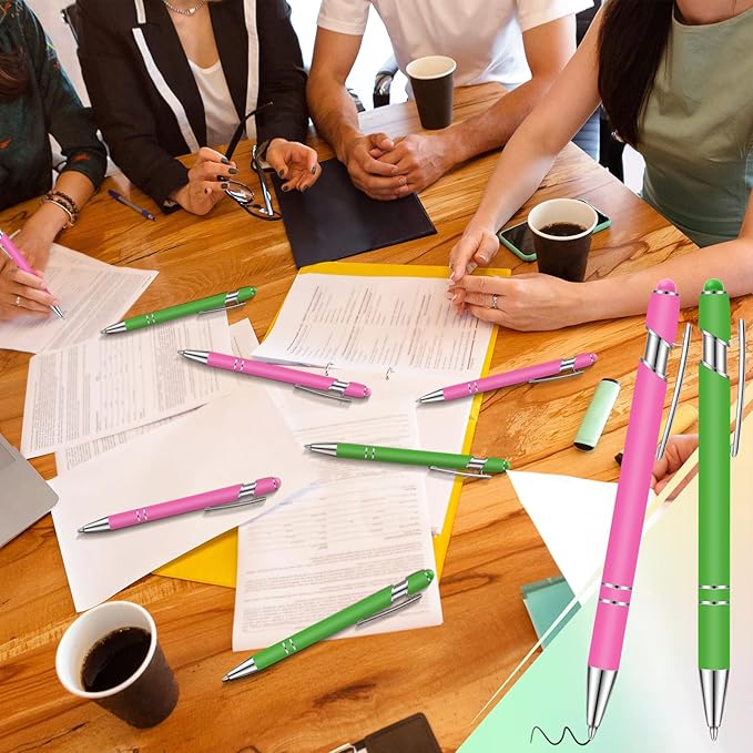 Tenare 12 Pieces 2 in 1 Stylus Metal Ballpoint Pen with Stylus Tip, 1.0 mm Black Ink Ballpoint Pen for Touch Screens (Green and Hot Pink)