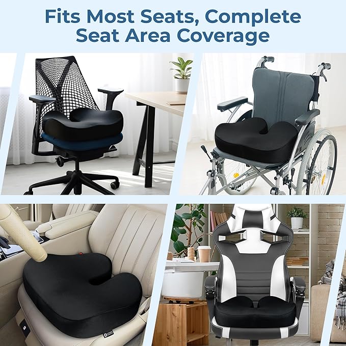 5 STARS UNITED Seat Cushion for Tailbone Pain Relief – Large Memory Foam Lifting Pillow for Coccyx, Hip, Sciatica & Post-Surgery Recovery – Wheelchair, Car, Desk, Gaming & Office Chairs, Black