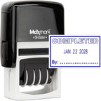 MaxMark Office Self Inking Date Stamp with Phrase Completed - Blue Ink