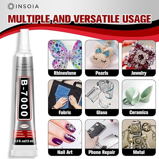 B7000 Rhinestone Glue Clear 15 PCS 15ml – Strong Transparent No Trace Jewelry Glue Kit with Precision Tip, Quick Dry Multi-Purpose Adhesive for Making Nail Makeup Fabric Shoes Craft Phone Repair