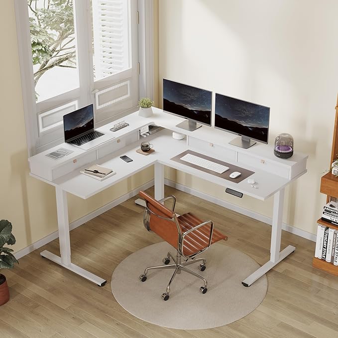 FLEXISPOT 63" L Shaped Standing Desk with Shelf Electric Corner Table, Drawers, Adjustable Computer Workstation for Home, Office,63x55in, White Top + White Frame