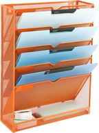 EASEPRES 6 Tier Mesh Hanging Wall File Organizer, Desk Vertical Mail Paper Document Folder Holder Rack with Bottom Tray and Nametag Label for Office Home School, Orange